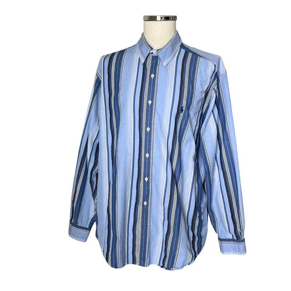 Vintage Polo Ralph Lauren Y2K Mens XL Classic Fit Blue Striped Button Down Shirt